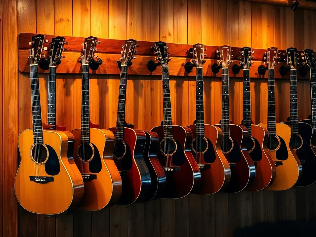 Wall of acoustic guitars at Forrest York Guitars