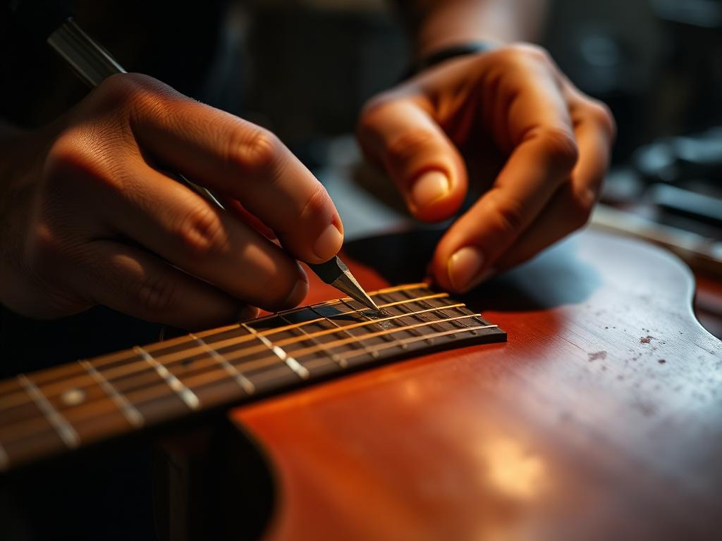 Luthier performing fretwork