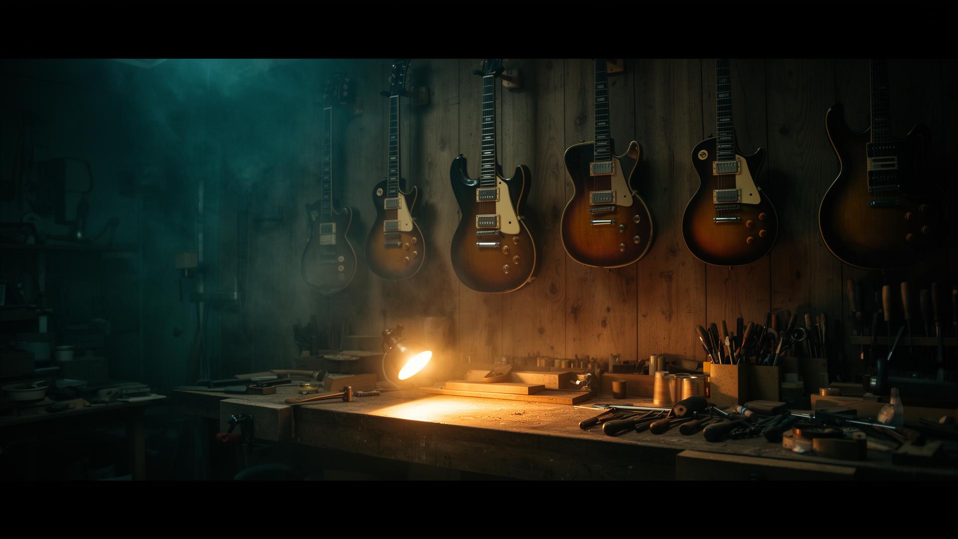 Vintage electric guitars hanging in the Forrest York Guitars workshop, warm tungsten lighting